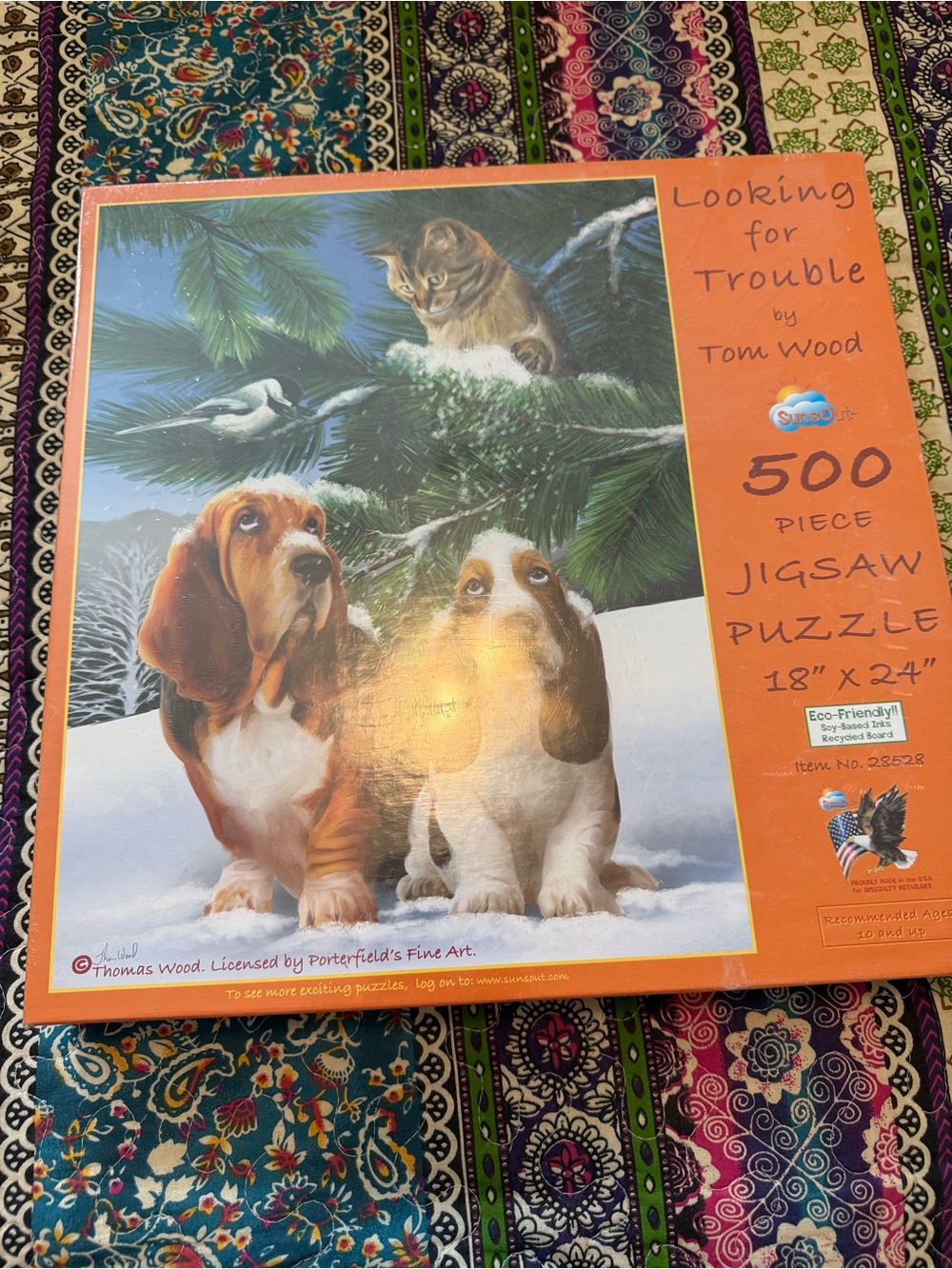 TOM WOOD 500-Piece Jigsaw Puzzle – Orange Box with Basset Hounds and Kitten